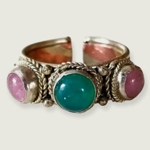 Southwestern Rose and Green Quartz Hand Crafted Silver Adjustable Band Ring